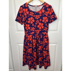 LuLaRoe Women's L Fit & Flare‎ Floral Dress Blue & Red Short Sleeve with Pockets
